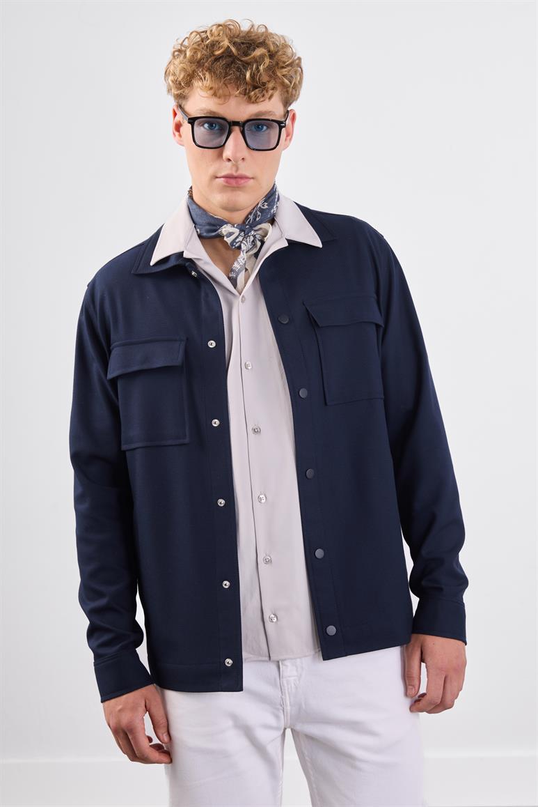 Lacivert Çıtçıt Kapamalı Cepli Overshirt Gömlek