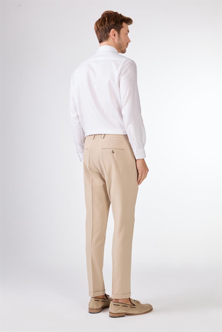 Bej Gofre Desen Pileli Jogger Slim Fit Erkek Pantolon