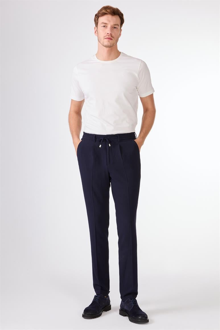 Lacivert Gofre Desen Pileli Jogger Slim Fit Erkek Pantolon