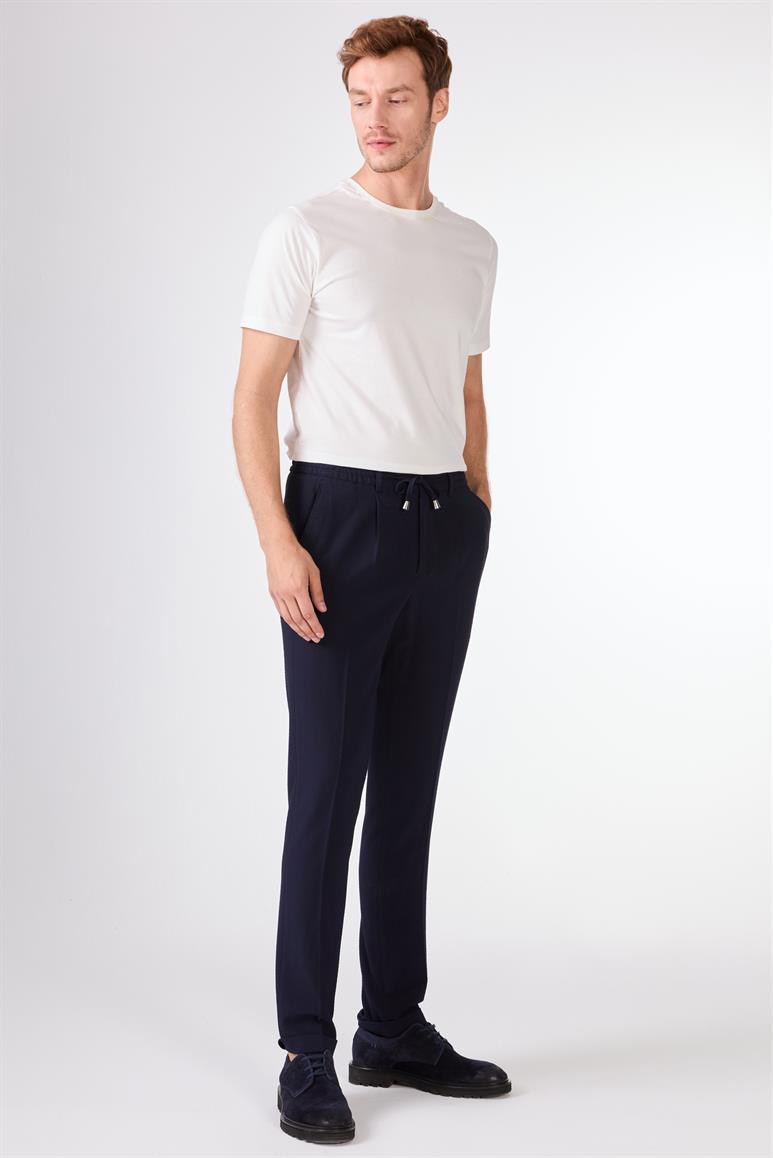 Lacivert Gofre Desen Pileli Jogger Slim Fit Erkek Pantolon