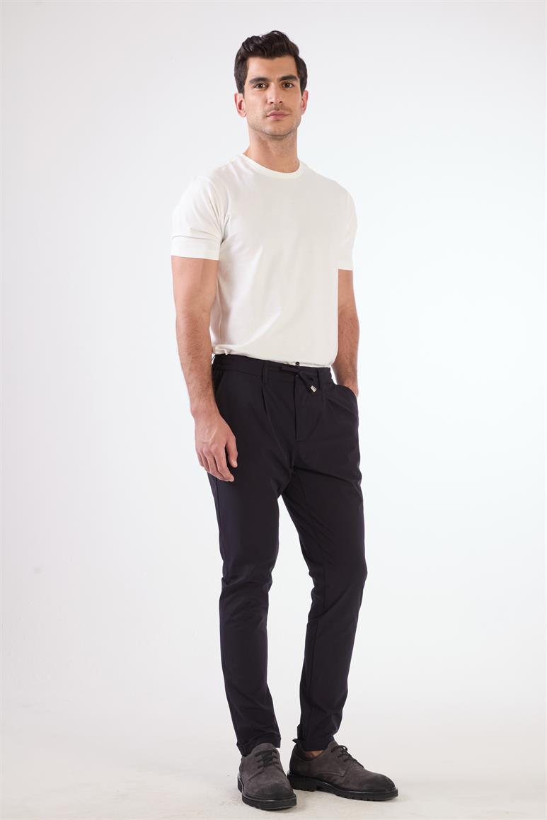 Lacivert Bağcıklı Pileli Jogger Erkek Pantolon