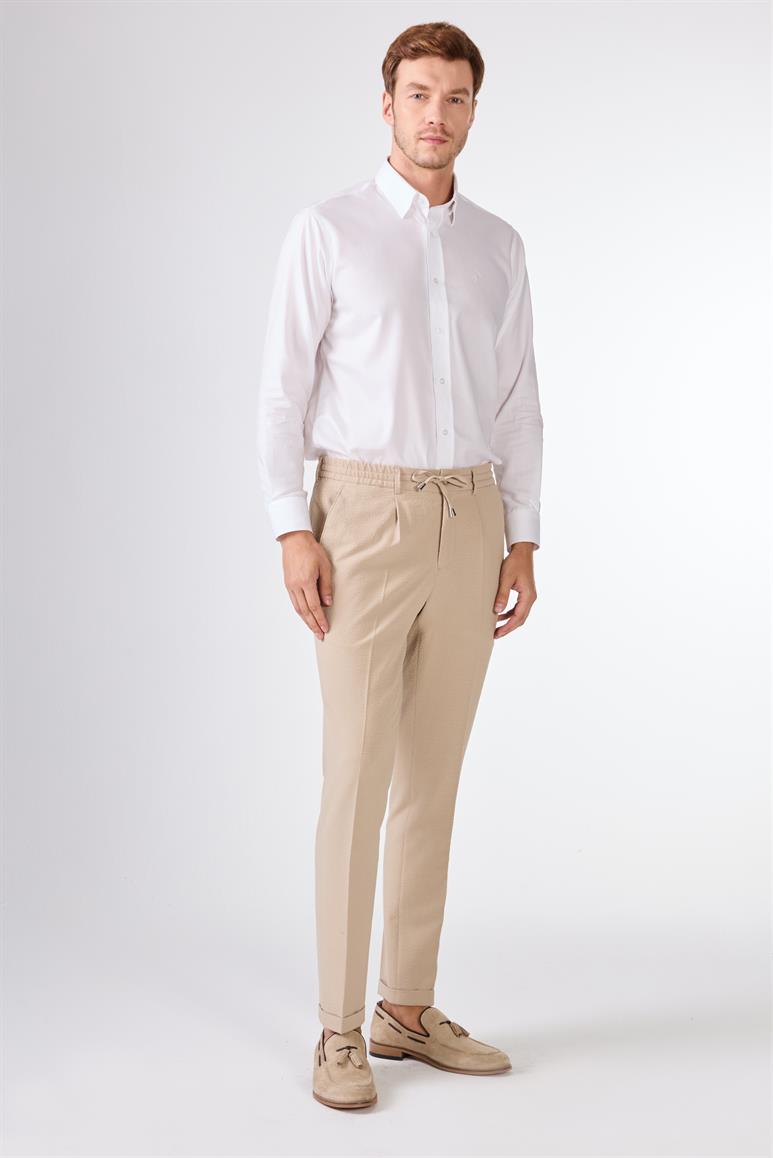 Bej Gofre Desen Pileli Jogger Slim Fit Erkek Pantolon