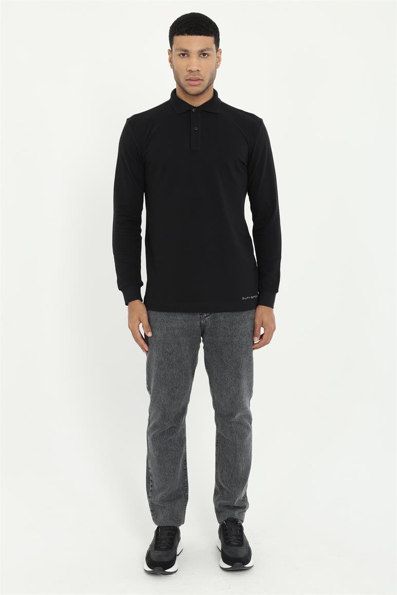 Siyah Polo Yaka Baskılı Sweatshirt