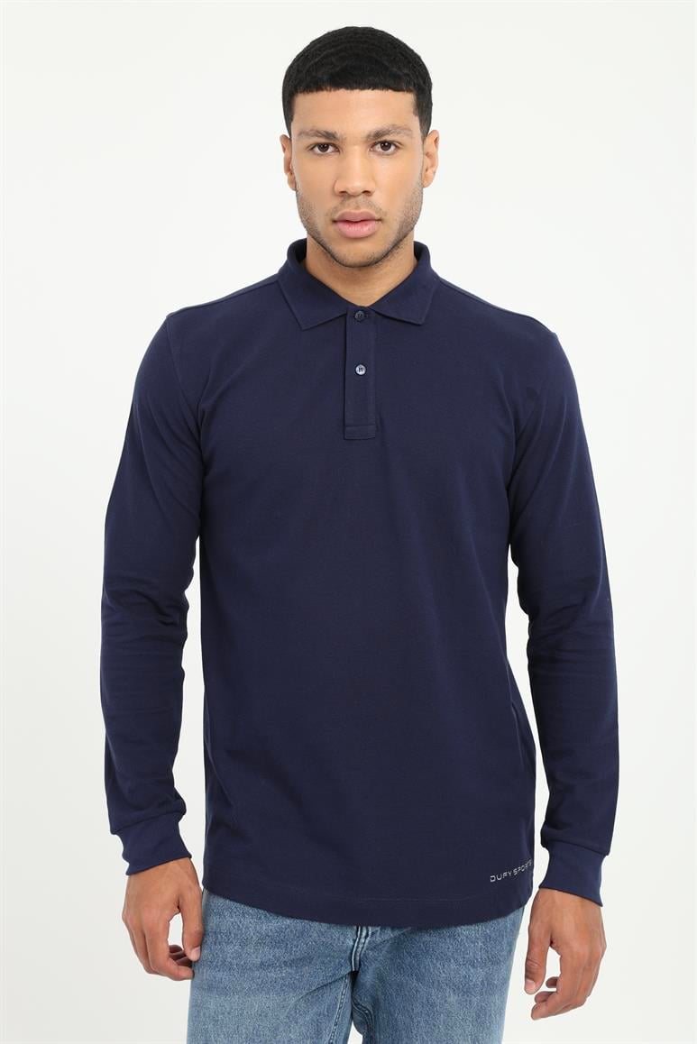 Lacivert Polo Yaka Baskılı Sweatshirt