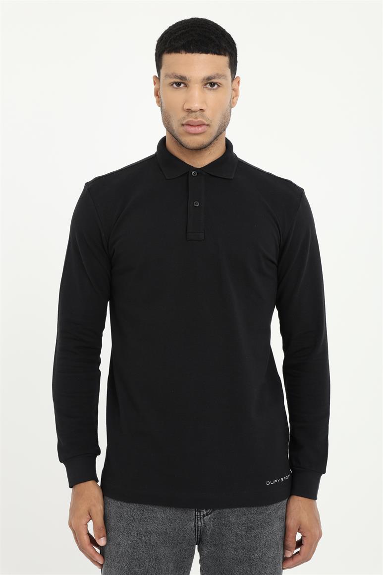 Siyah Polo Yaka Baskılı Sweatshirt