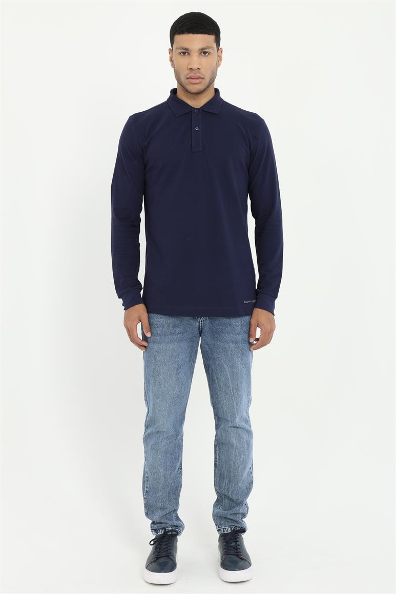 Lacivert Polo Yaka Baskılı Sweatshirt