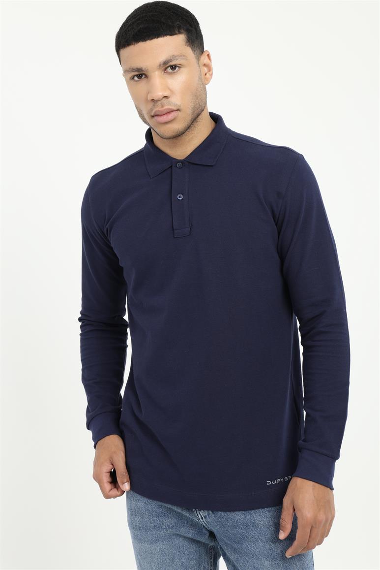 Lacivert Polo Yaka Baskılı Sweatshirt