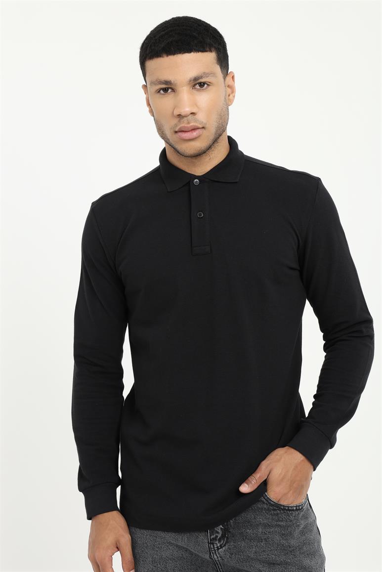 Siyah Polo Yaka Baskılı Sweatshirt