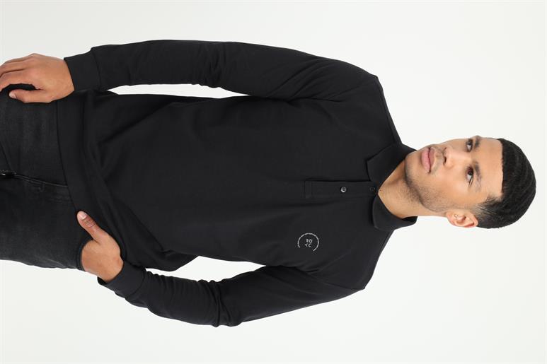 Siyah Polo Yaka Baskılı Erkek Sweatshirt
