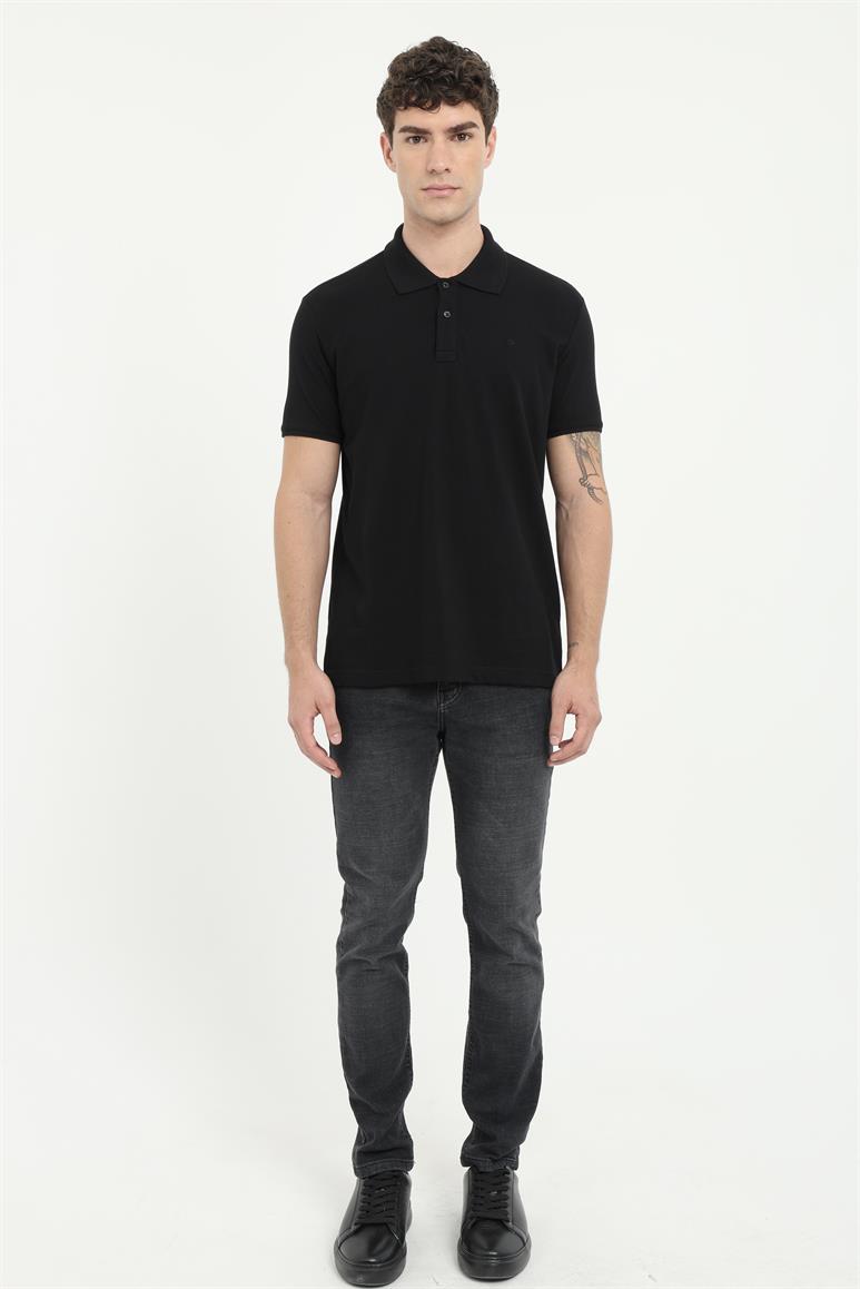 Koyu Siyah Polo Yaka Pamuklu Düz Renk Slim Fit Erkek T