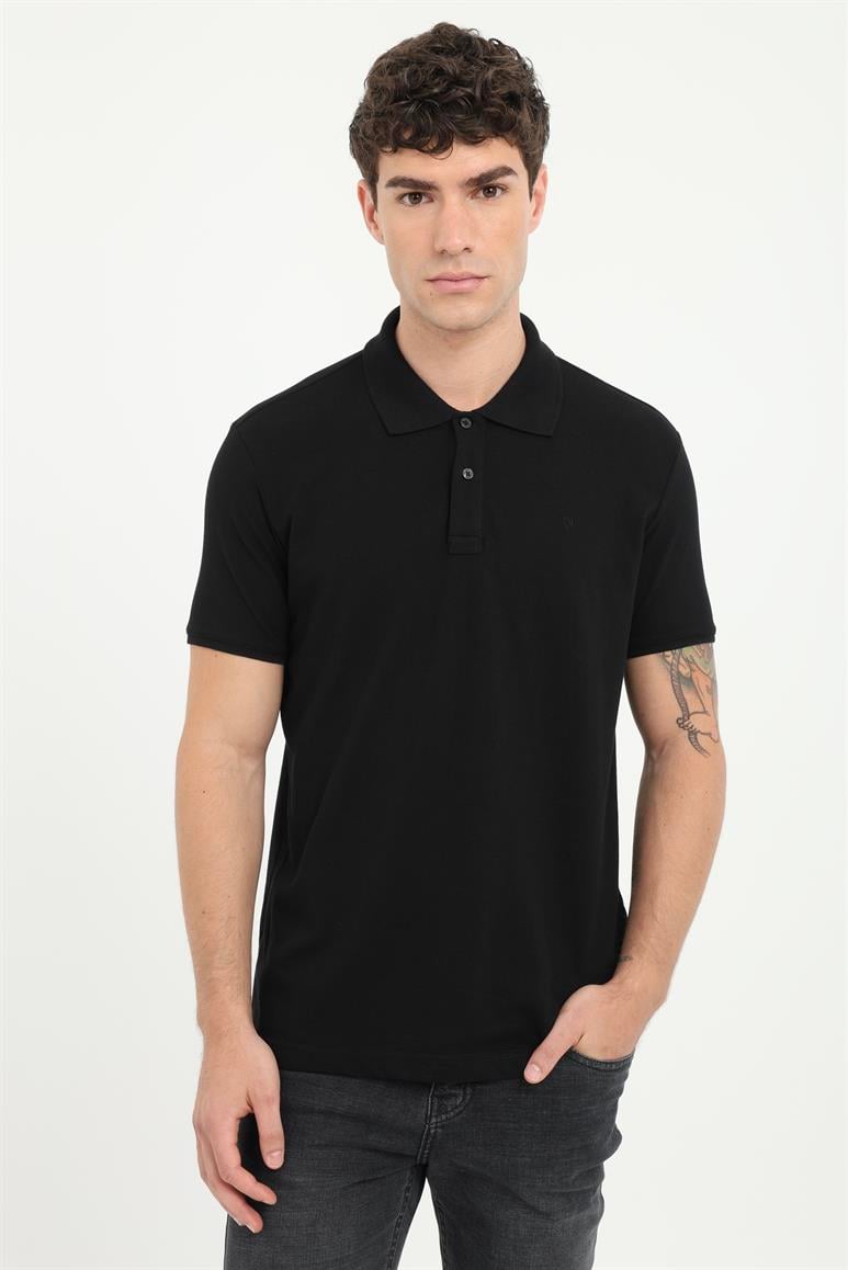 Koyu Siyah Polo Yaka Pamuklu Düz Renk Slim Fit Erkek T