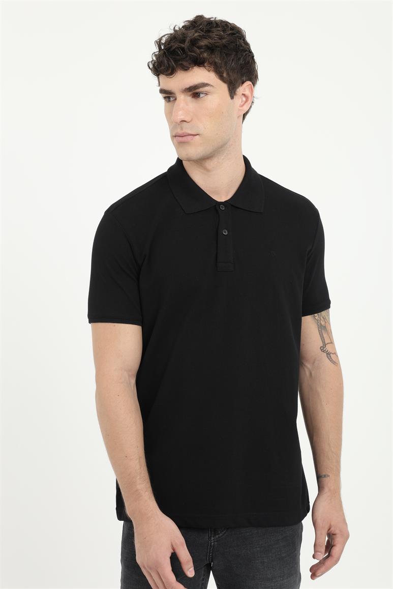 Koyu Siyah Polo Yaka Pamuklu Düz Renk Slim Fit Erkek T