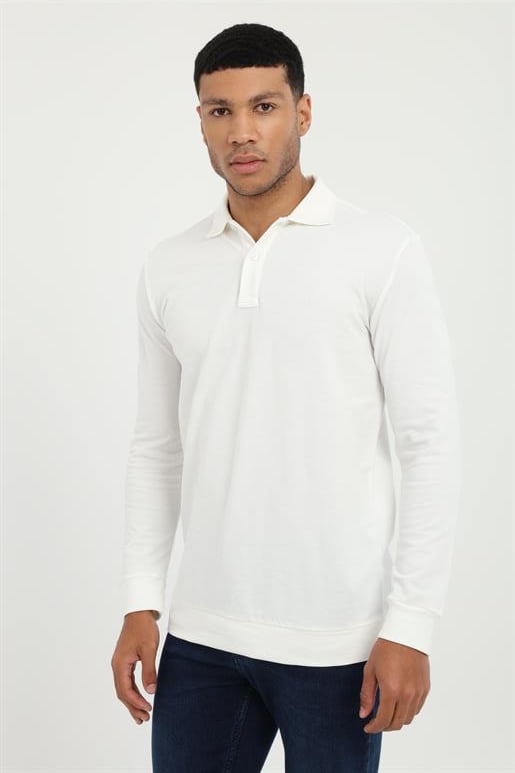 Beyaz Polo Yaka Ribanalı Sweatshirt %100 Pamuk 