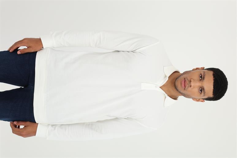 Beyaz Polo Yaka Ribanalı Sweatshirt %100 Pamuk 