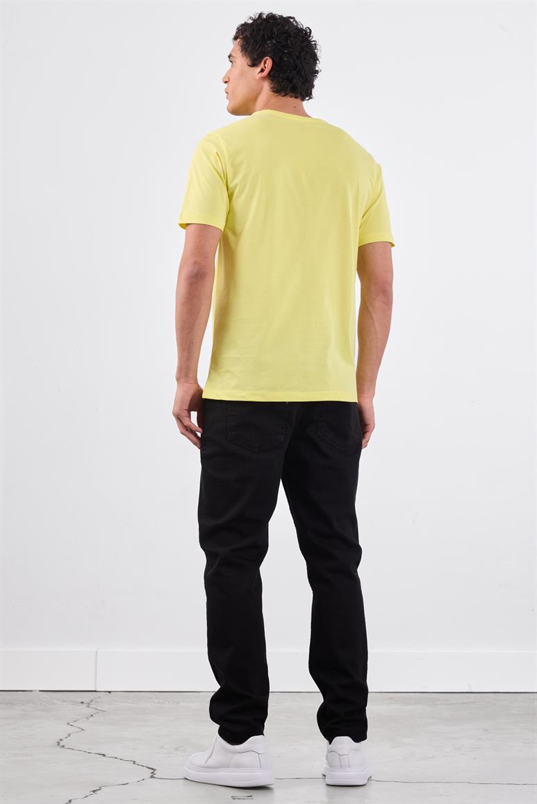 Sarı V Yaka Pamuklu Düz Renk Slim Fit Erkek T-shirt