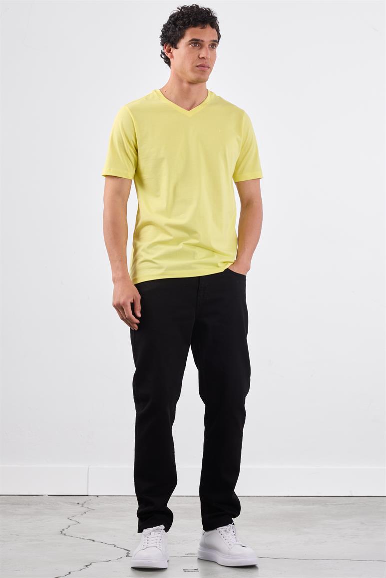Sarı V Yaka Pamuklu Düz Renk Slim Fit Erkek T-shirt