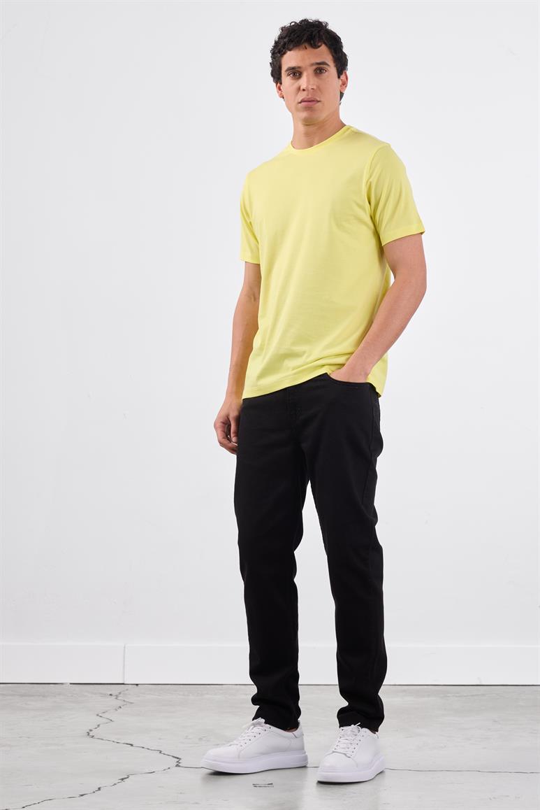 Sarı Bisiklet Yaka Pamuklu Düz Renk Slim Fit Erkek T-shirt