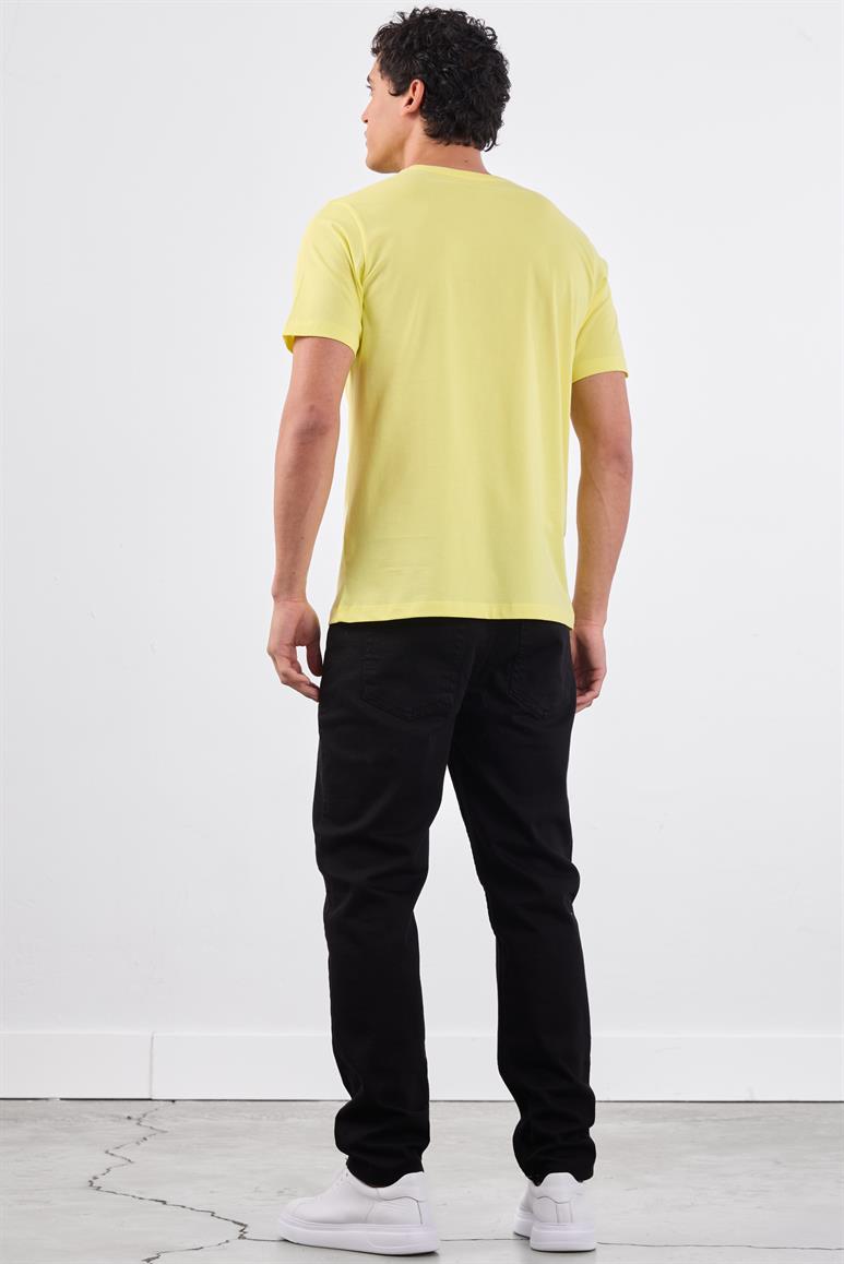Sarı Bisiklet Yaka Pamuklu Düz Renk Slim Fit Erkek T-shirt