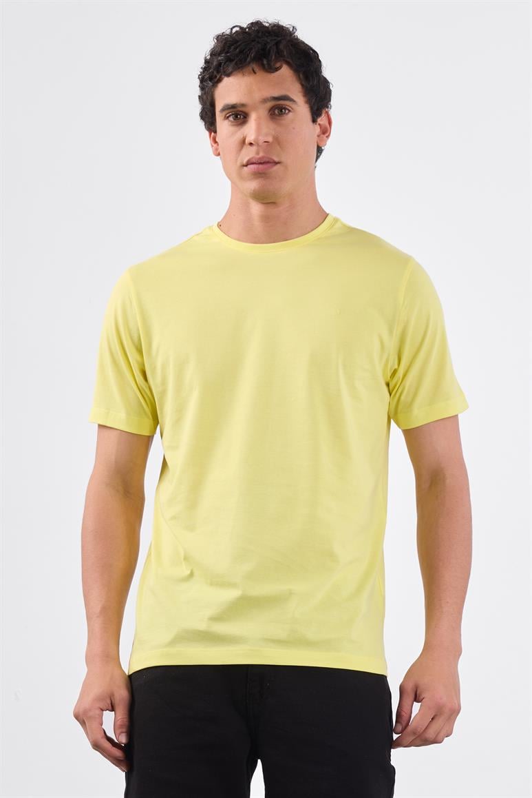 Sarı Bisiklet Yaka Pamuklu Düz Renk Slim Fit Erkek T-shirt