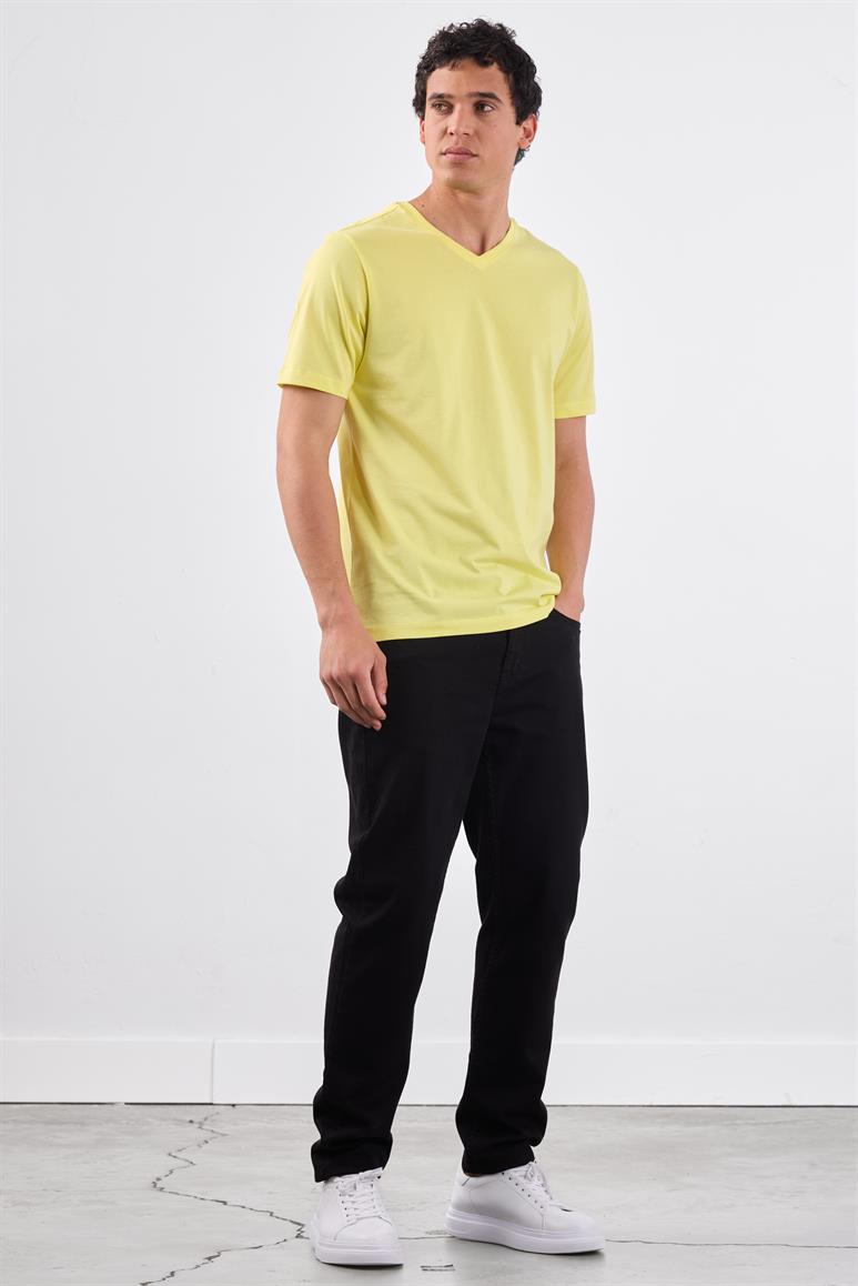Sarı V Yaka Pamuklu Düz Renk Slim Fit Erkek T-shirt