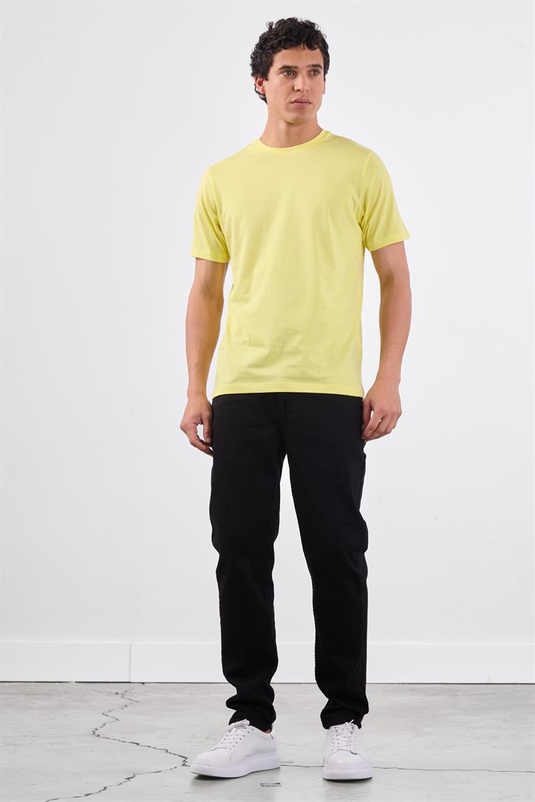 Sarı Bisiklet Yaka Pamuklu Düz Renk Slim Fit Erkek T-shirt