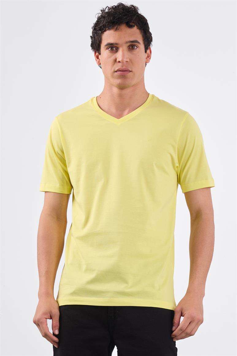 Sarı V Yaka Pamuklu Düz Renk Slim Fit Erkek T-shirt