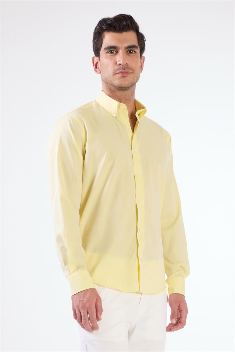 Sarı Erkek Regular Fit Düz Brent Düğmeli Yaka Uzun Kol Gömlek 