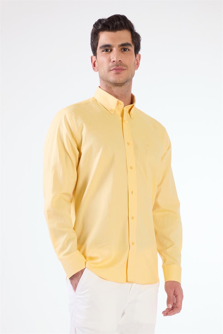 Sarı Erkek Regular Fit Oxford Brent Düğmeli Yaka Uzun Kol Gömlek 