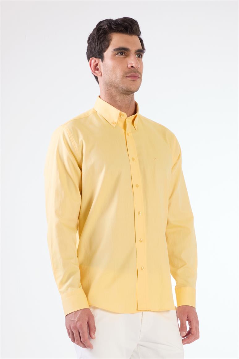 Sarı Erkek Regular Fit Oxford Brent Düğmeli Yaka Uzun Kol Gömlek 