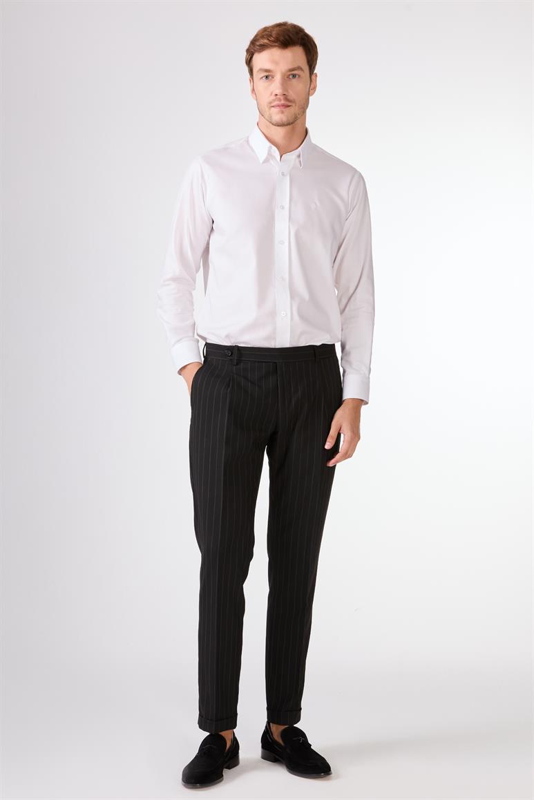 Siyah Çizgili Sivri Yaka Slim Fit Erkek Takım Elbise