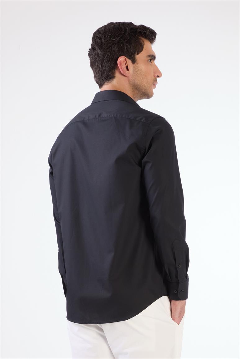 Siyah Pamuk Regular Fit Uzun Kol Erkek Gömlek 