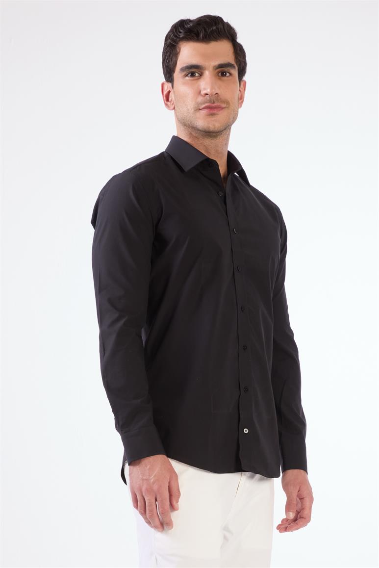 Siyah Pamuk Regular Fit Uzun Kol Erkek Gömlek 