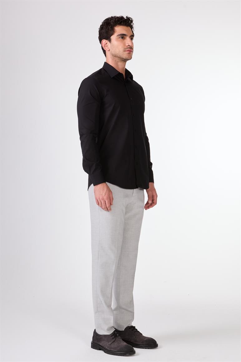 Siyah Düz Renk Slim Fit Uzun Kol Erkek Gömlek 