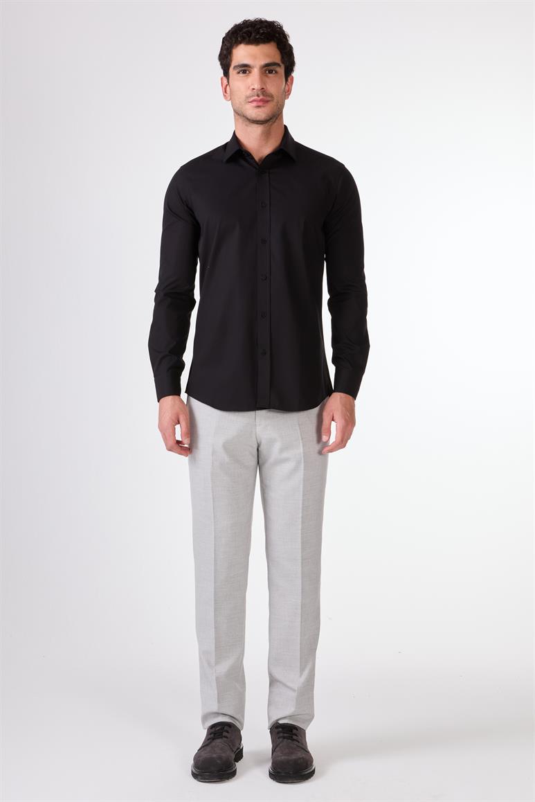 Siyah Düz Renk Slim Fit Uzun Kol Erkek Gömlek 