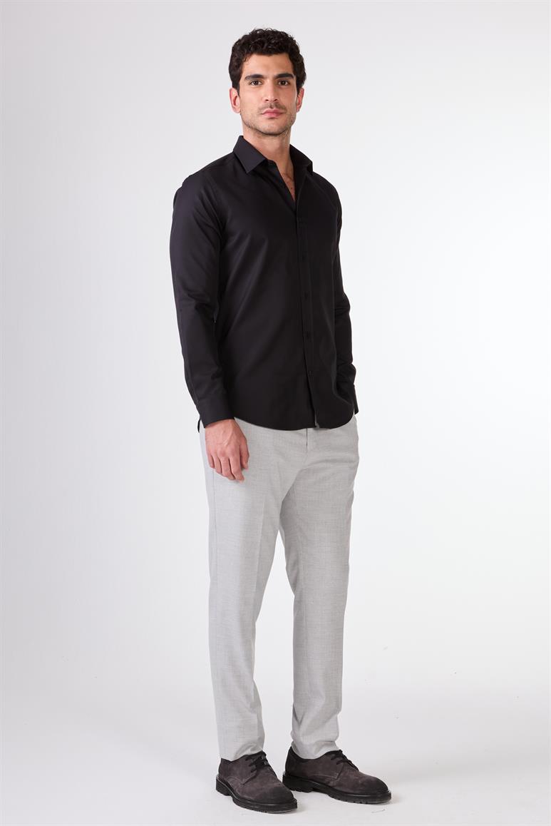 Siyah Düz Renk Uzun Kol Slim Fit Erkek Gömlek 
