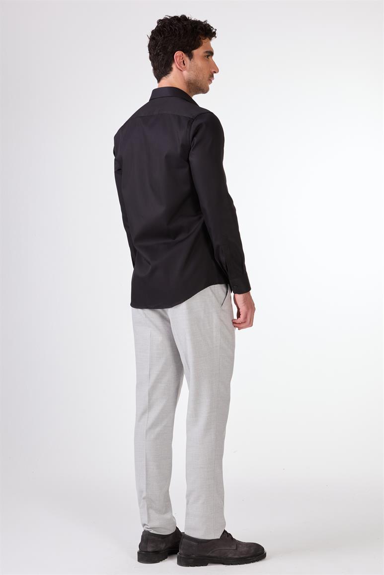 Siyah Düz Renk Uzun Kol Slim Fit Erkek Gömlek 