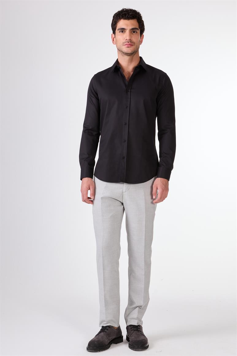 Siyah Düz Renk Uzun Kol Slim Fit Erkek Gömlek 