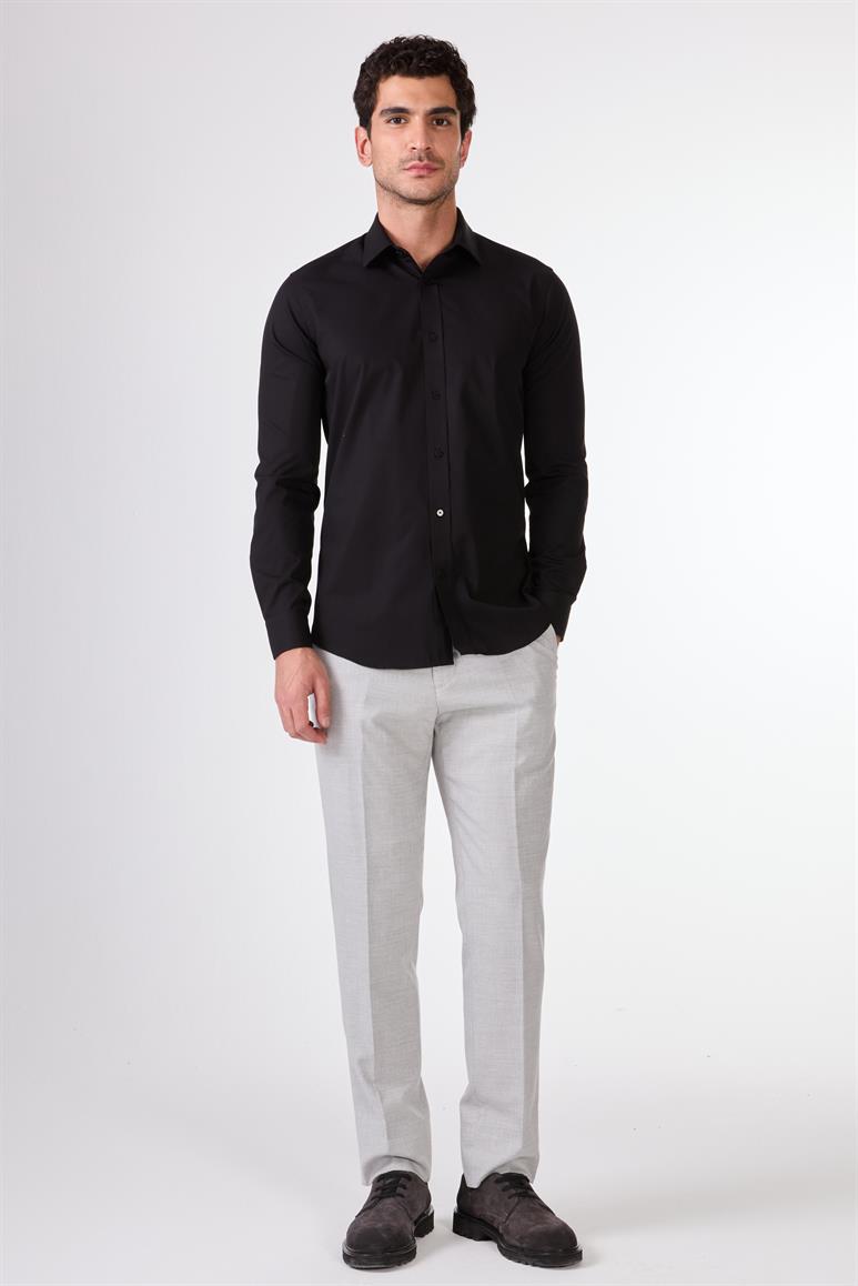 Siyah Düz Renk Slim Fit Uzun Kol Erkek Gömlek 