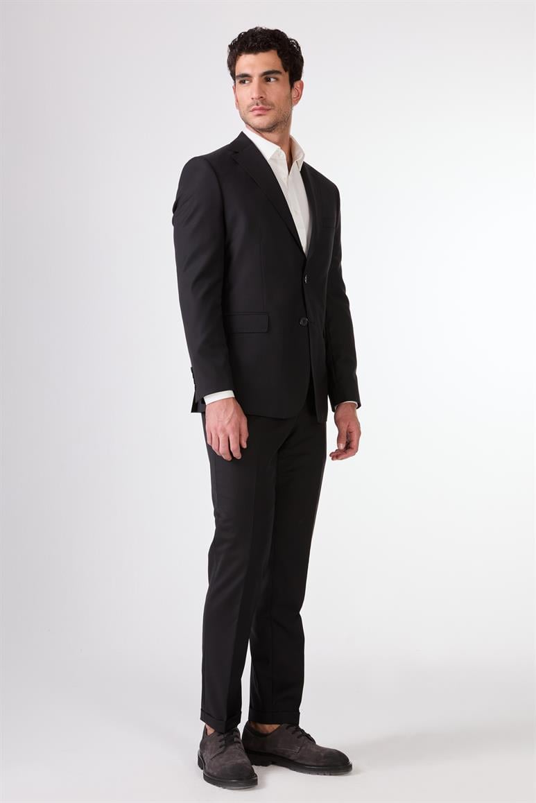 Siyah Düz Renk Yünlü Slim Fit Erkek Takım Elbise 