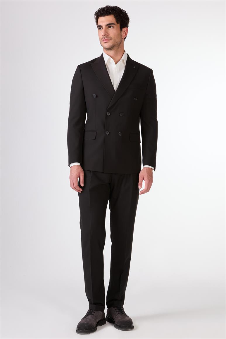 Siyah Kruvaze Sivri Yaka Düz Slim Fit Erkek Takım Elbise