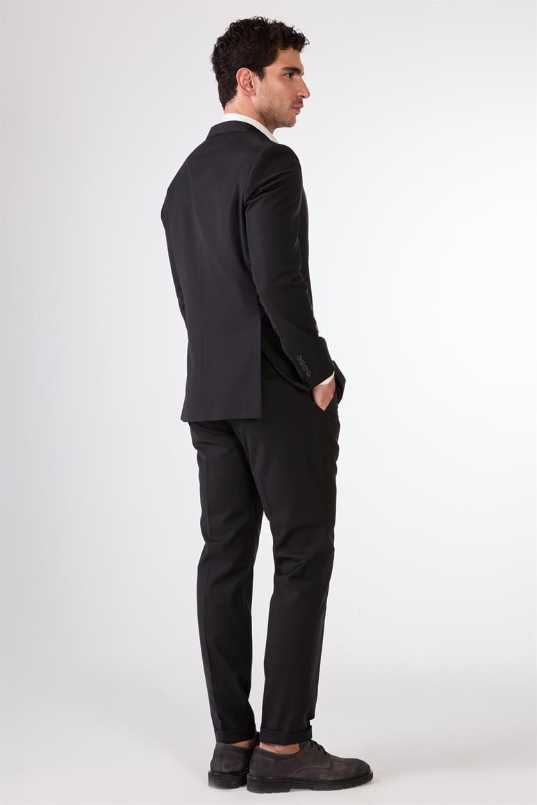 Siyah Düz Renk Yünlü Slim Fit Erkek Takım Elbise 