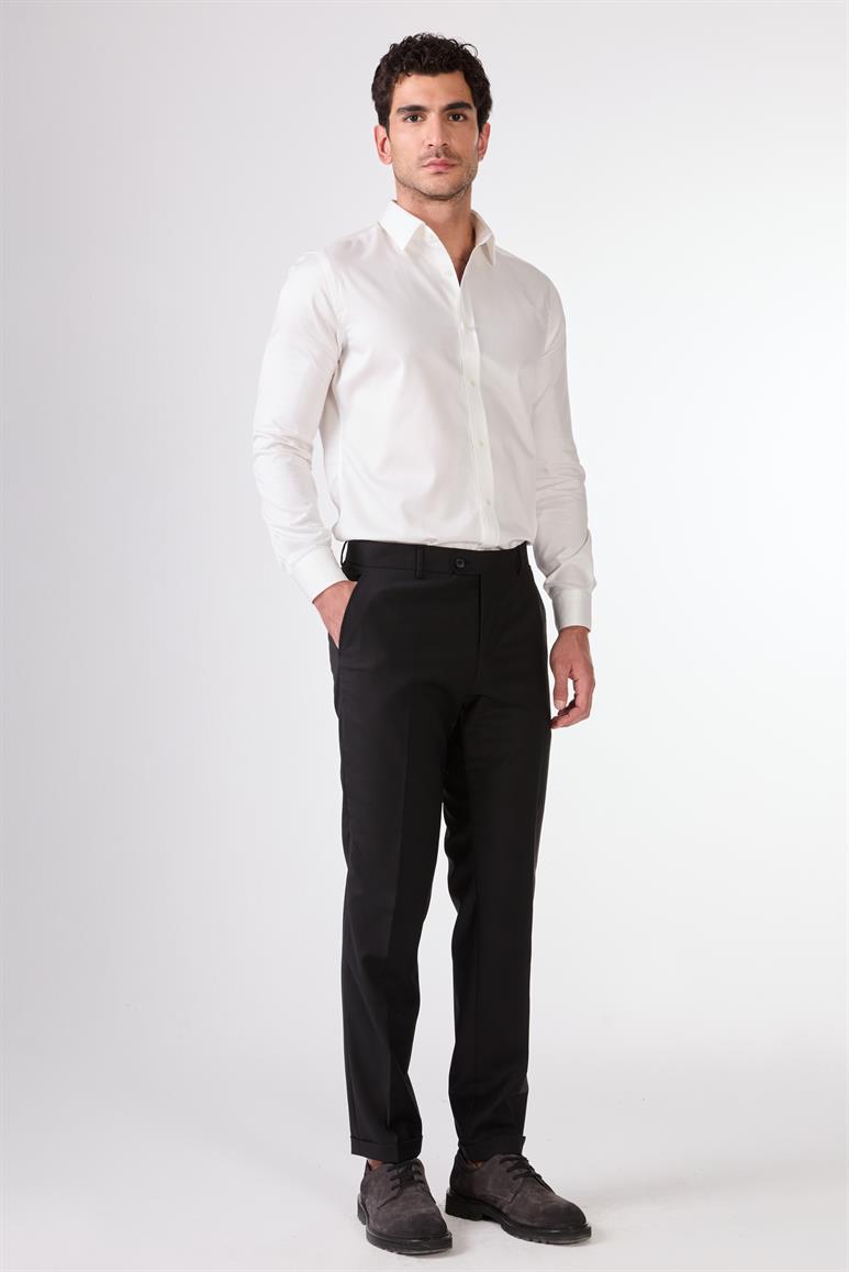 Siyah Düz Renk Yünlü Slim Fit Erkek Takım Elbise 