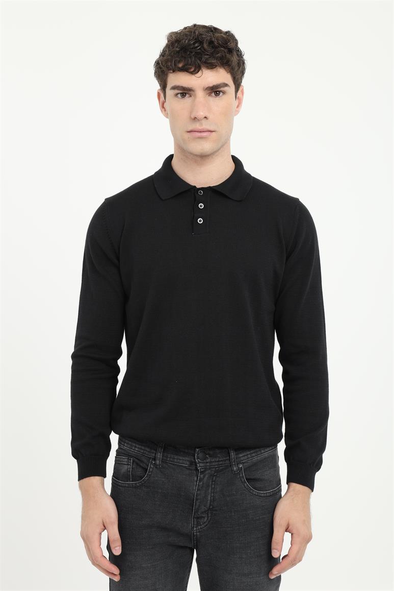 Siyah Polo Yaka Uzun Kol Regular Fit Erkek Triko