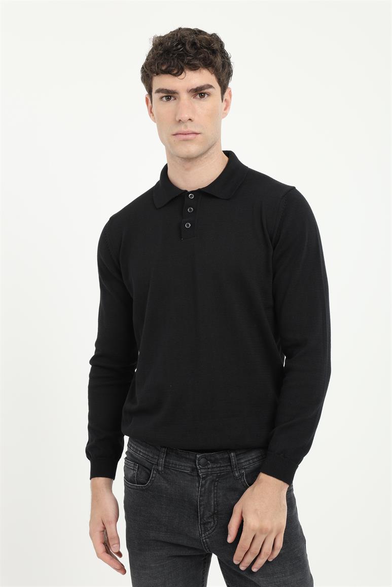 Siyah Polo Yaka Uzun Kol Regular Fit Erkek Triko