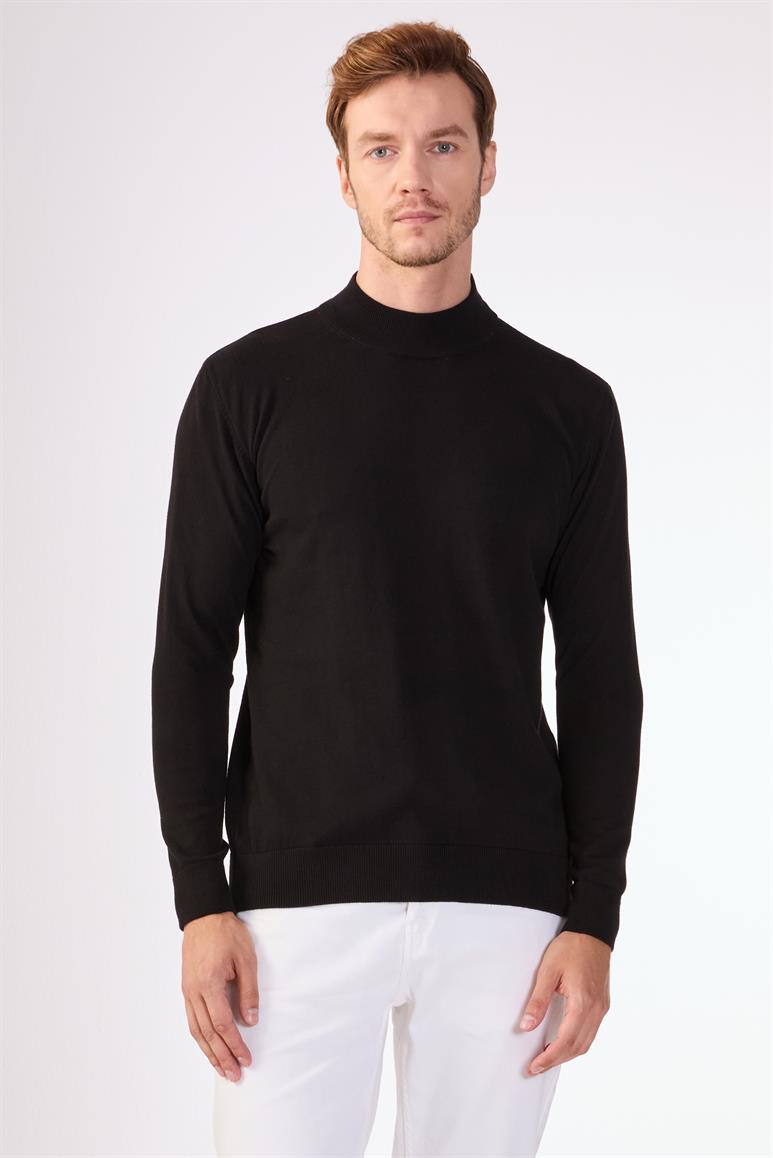 Siyah Yarım Balıkçı %100 Pamuk Düz Renk Slim Fit Erkek Triko