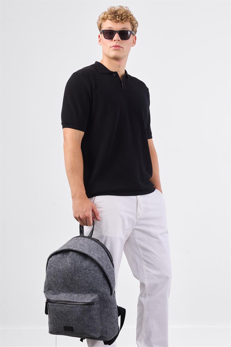 Siyah Polo Düğme Yaka Düz Renk Slim Fit Erkek Triko