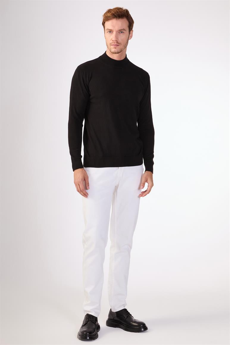 Siyah Yarım Balıkçı %100 Pamuk Düz Renk Slim Fit Erkek Triko