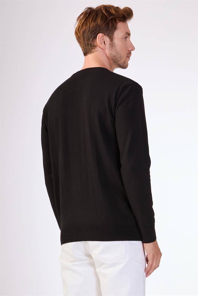 Siyah Bisiklet Yaka %100 Pamuk Düz Renk Slim Fit Erkek Triko