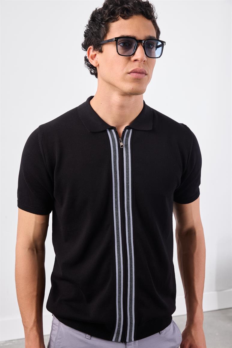 Siyah Polo Fermuar Yaka Düz Kısa Kollu Slim Fit  Erkek Triko