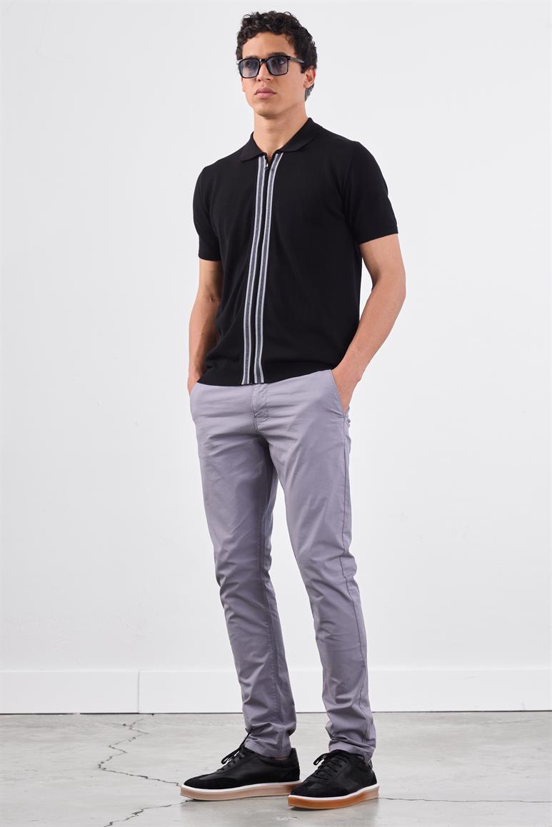 Siyah Polo Fermuar Yaka Düz Kısa Kollu Slim Fit  Erkek Triko